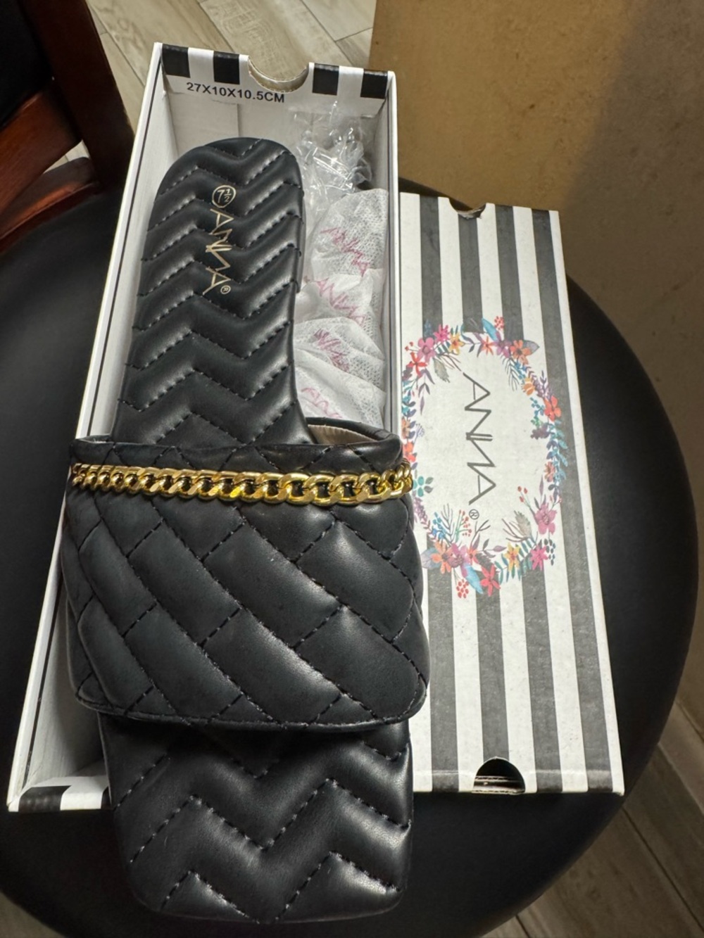 Anna Black Quilted Slide with Gold Chain Accent